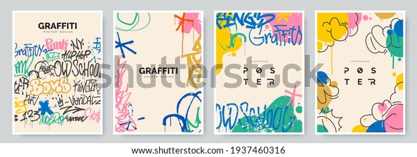 Abstract graffiti poster with colorful tags,\
paint splashes, scribbles and throw up pieces. Street art\
background collection. Artistic covers set in hand drawn graffiti\
style. Vector\
illustration