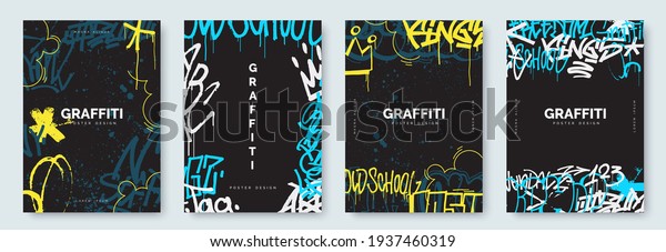 Abstract graffiti poster with colorful tags,\
paint splashes, scribbles and throw up pieces. Street art\
background collection. Artistic covers set in hand drawn graffiti\
style. Vector\
illustration
