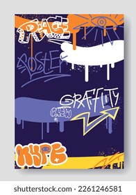 Abstract graffiti poster. Cool cover with words, tags, hand drawn strokes and texture splashes. Street art design element for print. Cartoon flat vector illustration isolated on gray background