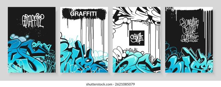 Cartaz de grafite abstrato com etiquetas vibrantes, manchas de tinta, rabiscos e elementos de vomitar. Uma coleção de fundo de arte de rua e capas artísticas em estilo de grafite desenhado à mão