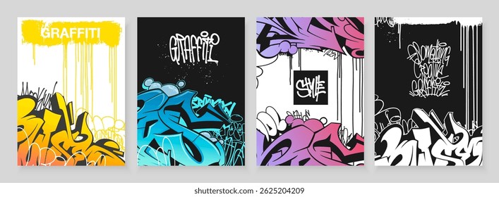 Abstractas conjunto de pósters de graffiti con etiquetas vibrantes, salpicaduras de pintura, garabatos y Elementos para vomitar. Colección de fondos de arte callejero y cubiertas artísticas en estilo de graffiti dibujado a mano