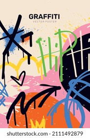 Abstract graffiti poster. Street art with multicolored pattern, inscription, splashes and spots. Bright design element for banner, application and printing on paper. Cartoon flat vector illustration