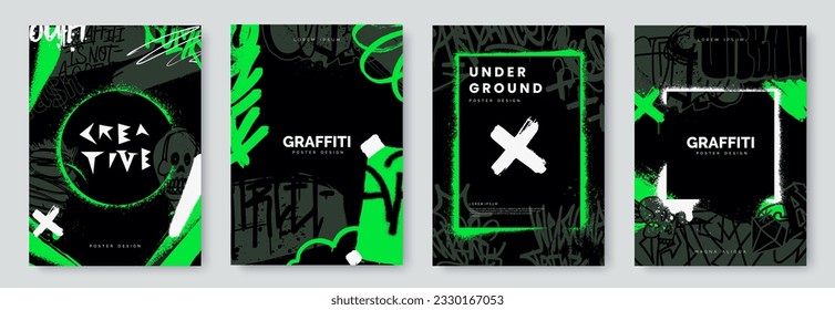 Abstract graffiti poster with tags, paint texture, scribbles and throw up pieces. Acid green color. Street art background set. Artistic cover design in urban graffiti style. Vector illustration