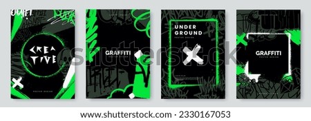 Abstract graffiti poster with tags, paint texture, scribbles and throw up pieces. Acid green color. Street art background set. Artistic cover design in urban graffiti style. Vector illustration