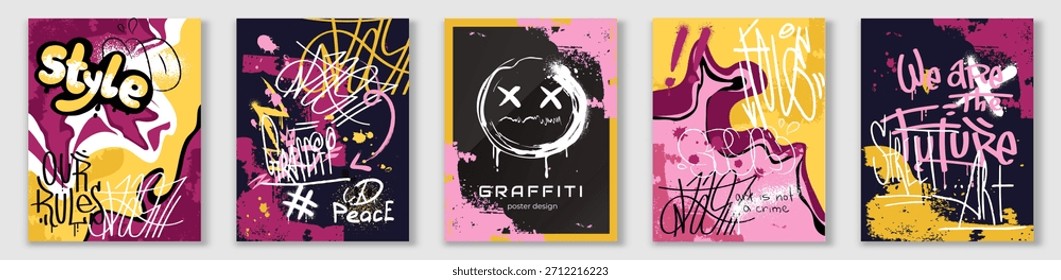 Abstrakte Graffiti-Poster. Moderner urbaner Stil. Trendy Schriftart und Buchstaben, Inschriften. Vandalismus und Jugendkultur. Flache Vektorgrafik einzeln auf weißem Hintergrund
