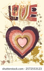 Abstract graffiti vector heart with lace, paint splashes and scribbles in earthy brown, beige colors for posters, greeting cards and graphic design