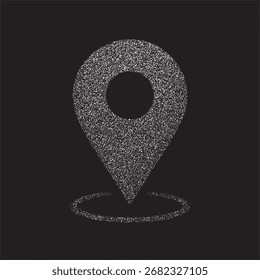 Pin de ubicación granulado Abstractas creado con arena como partículas sobre fondo grunge oscuro, ideal para iconos de mapas modernos, arte de viajes, carteles, diseño digital y decoración creativa