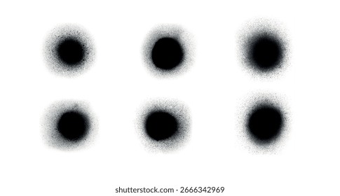 Abstract, grainy and noisy gradient spray shapes. Vector realistic, round design elements in black color
