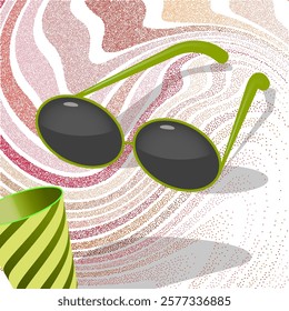 Abstract grainy sand texture. Wavy stippled gradient background. Summer vibe with sunglasses and paper cup. Vector illustration