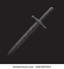 Projeto de espada granulado abstrato feito de areia como partículas em um fundo grunge preto. Ideal para obras de arte criativas, cartazes, projetos de fantasia e designs digitais.