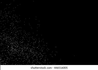 Abstract grainy texture isolated on black background. Silhouette of food flakes such as salt or almond or wheat flour spread on the flat surface or table. Top view. Dust, sand blow or bread crumbs.