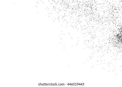 Abstract grainy texture isolated on white background. Silhouette of food flakes such as salt or almond or wheat flour spread on the flat surface or table. Top view. Dust, sand blow or bread crumbs.