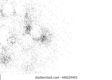 Abstract grainy texture isolated on white background. Silhouette of food flakes such as salt or almond or wheat flour spread on the flat surface or table. Top view. Dust, sand blow or bread crumbs.