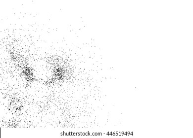 Abstract grainy texture isolated on white background. Silhouette of food flakes such as salt or almond or wheat flour spread on the flat surface or table. Top view. Dust, sand blow or bread crumbs.