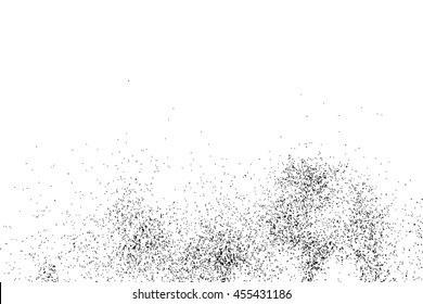 Abstract grainy texture isolated on white background. Silhouette of food flakes such as salt or almond or wheat flour spread on the flat surface or table. Top view. Dust, sand blow or bread crumbs.