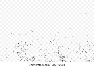 Abstract grainy texture isolated on transparent background. Silhouette of sugar flakes or salt, almond, wheat flour spread on the flat surface or table. Dust, sand blow or bread crumbs. Top view. 