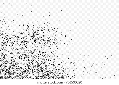 Abstract grainy texture isolated on transparent background. Silhouette of sugar flakes or salt, almond, wheat flour spread on the flat surface or table. Dust, sand blow or bread crumbs. Top view. 
