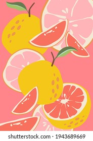 Abstract grapefruit. Composition citrus fresh. Healthy food for vegan in modern style, colorful fruits vector set. illustration for poster, postcard. Wallpaper on the Kitchen or rest. leaflet or menu.