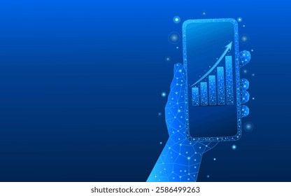 Abstract graph with arrow on mobile phone screen in hand. Stock market concept in light blue futuristic holographic style