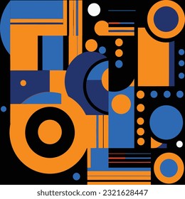 abstract graphic art by person and her team, in the style of rounded shapes, de stijl influence, repeating pattern, chris samnee, dark sky-blue and orange, modular, playful visual puzzles