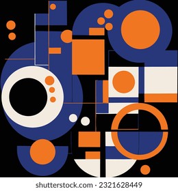 abstract graphic art by person and her team, in the style of rounded shapes, de stijl influence, repeating pattern, chris samnee, dark sky-blue and orange, modular, playful visual puzzles