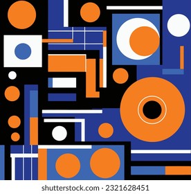 abstract graphic art by person and her team, in the style of rounded shapes, de stijl influence, repeating pattern, chris samnee, dark sky-blue and orange, modular, playful visual puzzles