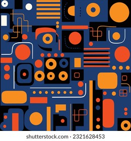 arte gráfico abstracto por persona y su equipo, en el estilo de formas redondeadas, influencia de stijl, patrón de repetición, chris samnee, azul cielo oscuro y naranja, acertijos visuales modulares y juguetones