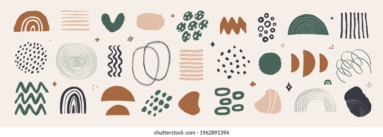 Abstract graphic art set. Various modern organic shapes and elements in vintage style with grunge texture. Hand-drawn abstract art Vector collection.