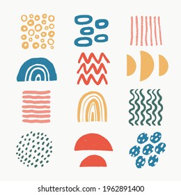 Abstract graphic art set. Various modern organic shapes and elements in vintage style with grunge texture. Hand-drawn abstract art Vector collection. .