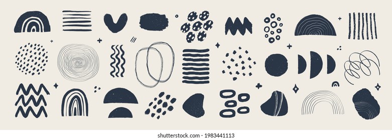 Abstract graphic art set. Various modern organic shapes and elements in vintage style with grunge texture. Hand-drawn abstract art Vector collection.