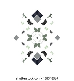 Abstract graphic background with butterflies, geometric pattern, invitation or greeting card design, ornamental vector illustration