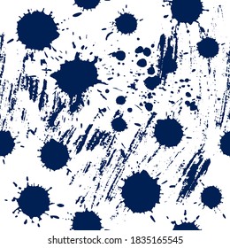 Abstract graphic background with different blue spots and scribbles. Seamless vector pattern.