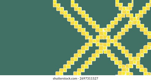 Um plano de fundo gráfico abstrato com um padrão de retículo amarelo pixelado em uma superfície verde escura sólida, com amplo espaço de cópia à esquerda.