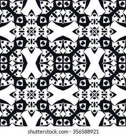 Abstract graphic background, seamless fabric pattern. Monochrome floral geometric lace texture. Tribal ethnic ornament. Black and white vector illustration. 