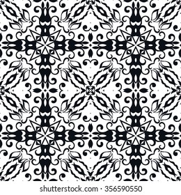Abstract graphic background, seamless fabric pattern. Monochrome floral geometric lace texture. Tribal ethnic ornament. Black and white vector illustration. 