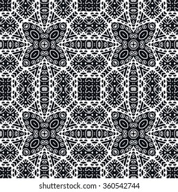 Abstract graphic background, seamless fabric pattern. Monochrome floral geometric lace texture. Tribal ethnic ornament. Black and white vector illustration. 