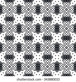Abstract graphic background, seamless pattern. Repeating fabric texture, simple geometric shapes, arabic, indian ornament. Black and white vector illustration.