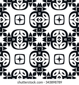Abstract graphic background, seamless pattern. Repeating fabric texture, simple geometric shapes, arabic, indian ornament. Black and white vector illustration.