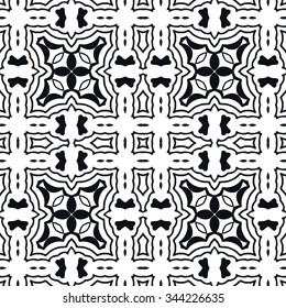 Abstract graphic background, seamless pattern. Repeating fabric texture, simple geometric shapes, arabic, indian ornament. Black and white vector illustration.