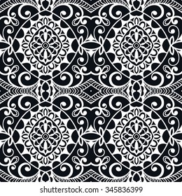 Abstract graphic background, seamless pattern. Repeating fabric texture, lacy geometric shapes, arabic, indian ornament. Black and white vector illustration.