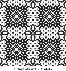 Abstract graphic background, seamless pattern. Repeating fabric texture, simple geometric shapes, arabic, indian ornament. Black and white vector illustration.