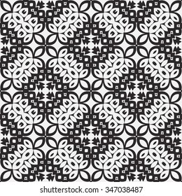 Abstract graphic background, seamless pattern. Repeating fabric texture, simple geometric shapes, arabic, indian ornament. Black and white vector illustration.