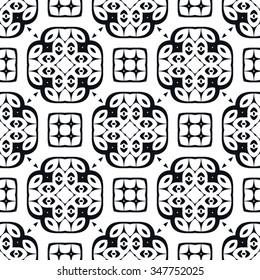 Abstract graphic background, seamless pattern. Repeating fabric texture, simple geometric shapes, arabic, indian ornament. Black and white vector illustration.