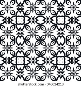 Abstract graphic background, seamless pattern. Repeating fabric texture, simple geometric shapes, arabic, indian ornament. Black and white vector illustration.