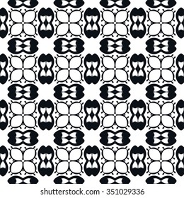 Abstract graphic background, seamless pattern. Repeating fabric texture, simple geometric shapes, arabic, indian ornament. Black and white vector illustration.