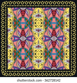 Abstract graphic background, square geometric pattern with tribal ethnic ornament. Bandanna shawl fabric print, silk neck scarf or kerchief design, vector illustration.