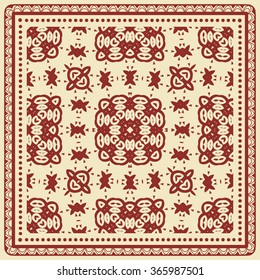 Abstract graphic background, square geometric pattern with frame, tribal ethnic ornament. Bandanna shawl fabric print, silk neck scarf or kerchief design, vector illustration. 