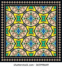 Abstract graphic background, square geometric pattern with frame, tribal ethnic ornament. Bandanna shawl fabric print, silk neck scarf or kerchief design, vector illustration. 