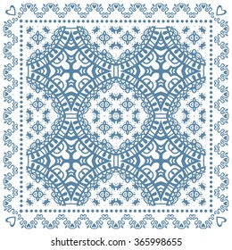 Abstract graphic background, square geometric pattern with frame, tribal ethnic ornament. Bandanna shawl fabric print, silk neck scarf or kerchief design, vector illustration. 