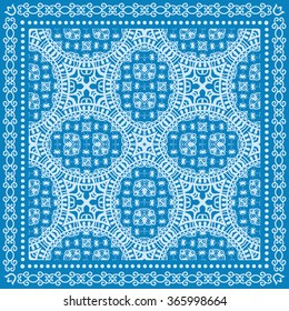 Abstract graphic background, square geometric pattern with frame, tribal ethnic ornament. Bandanna shawl fabric print, silk neck scarf or kerchief design, vector illustration. 